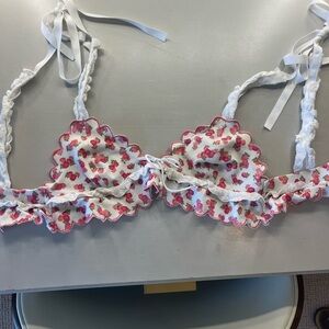 For Love And Lemons White and Pink Floral Bra with Ruffled Edge
